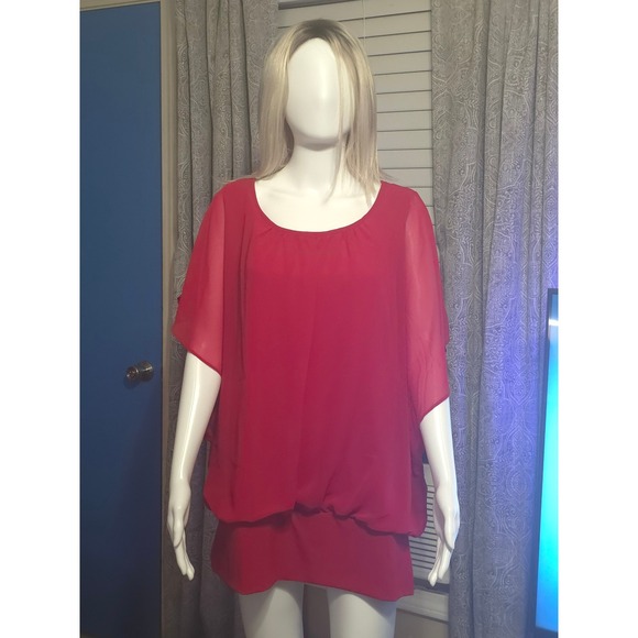 JM Collection Red Blouse Sheer Overlay Banded Bottom Top Plus Size XXL - Picture 1 of 7